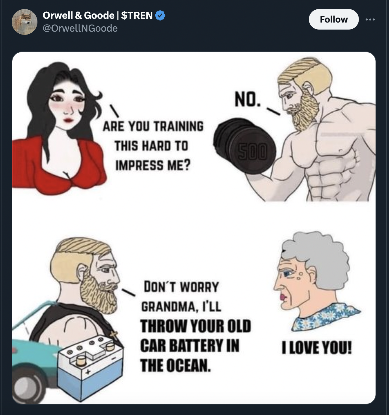 based meme - Orwell & Goode | Stren Are You Training No. This Hard To 500 Impress Me? Don'T Worry Grandma, I'Ll Throw Your Old Car Battery In The Ocean. I Love You!